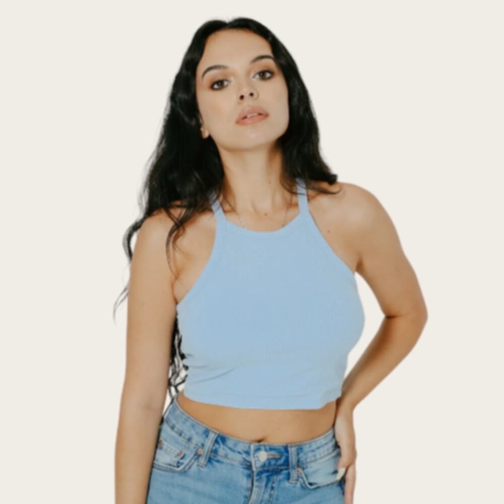 Klassy Network High Neck Crop Top | Small | Sky Blue Brami Festival Babygirl Rib